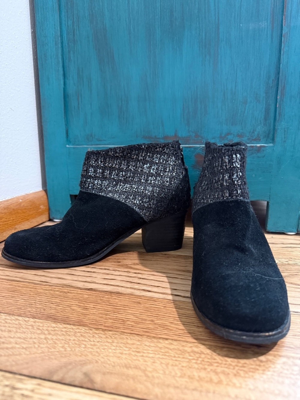 Toms Black Faux Suede Ankle Booties with Shimmery Knit Collar